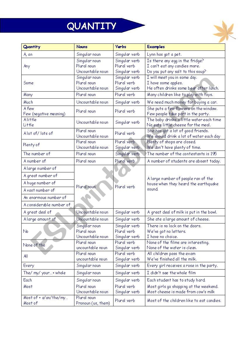 Quantity worksheet