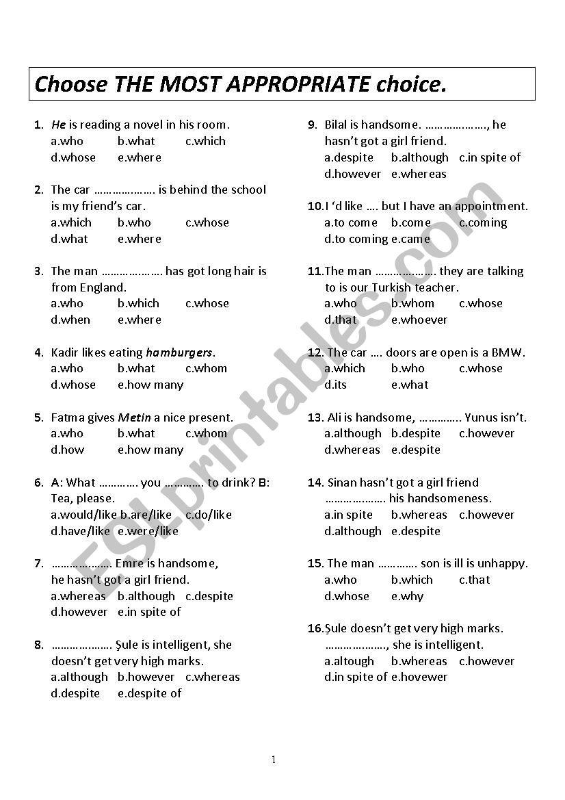 grammar test worksheet