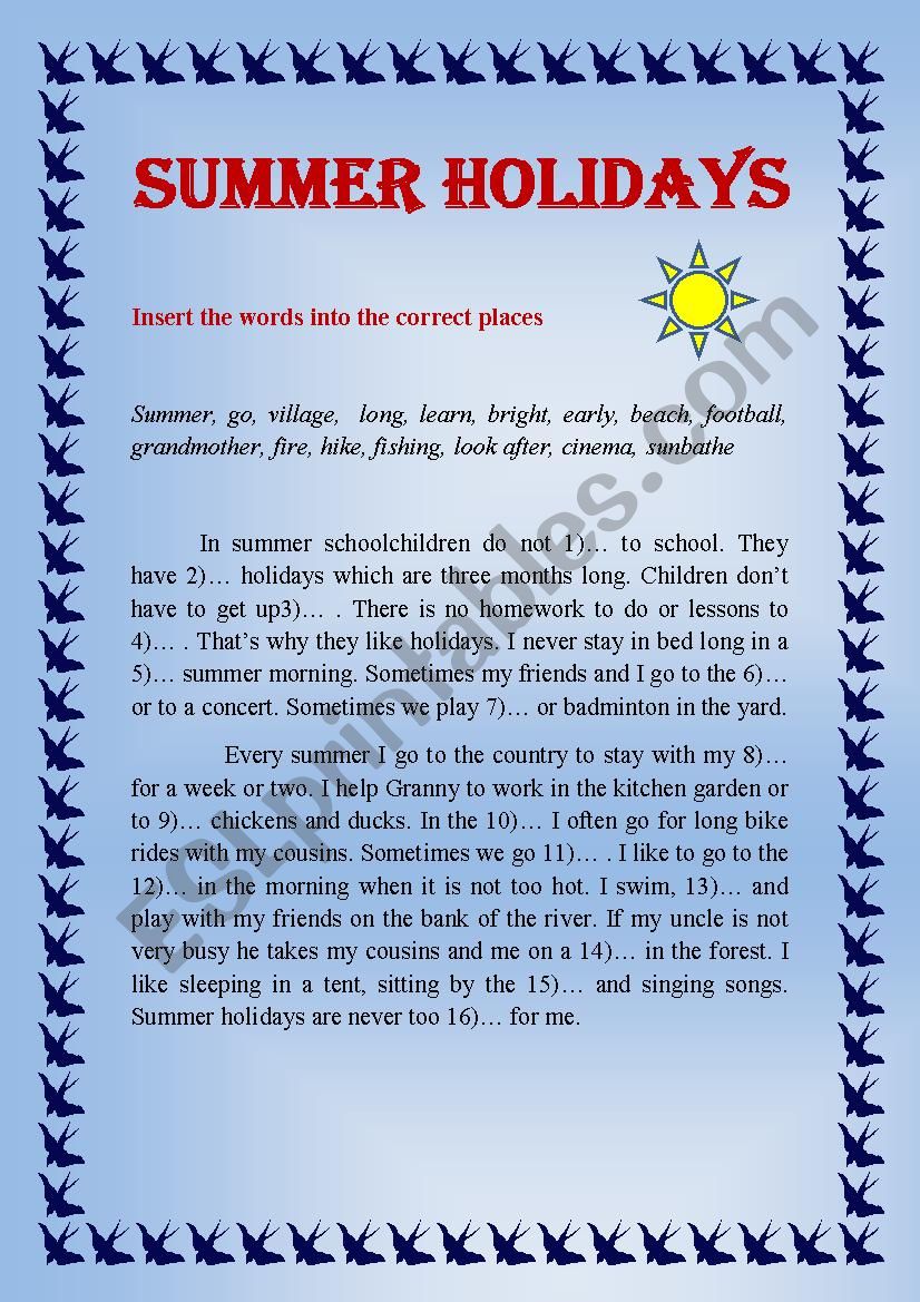 SUMMER HOLIDAYS worksheet