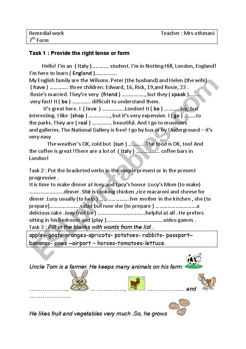 Remedial work 7th form worksheet