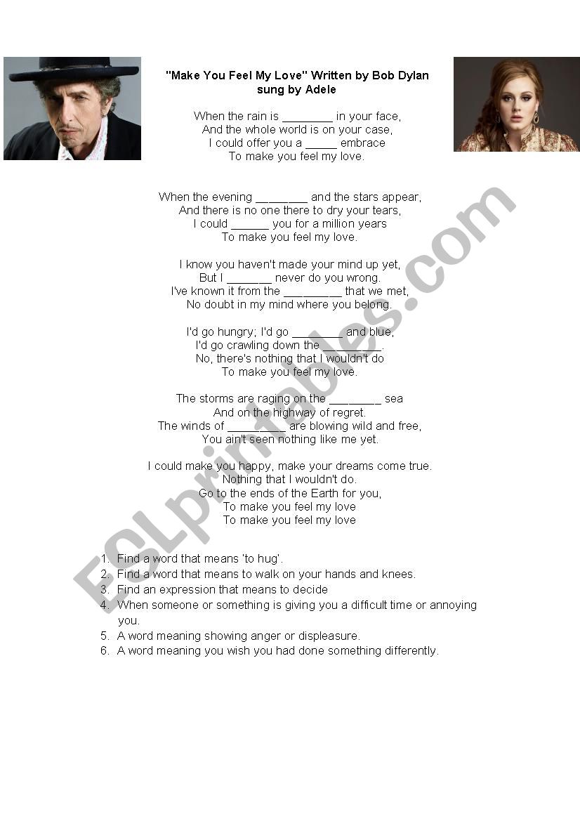 Make you feel my love worksheet