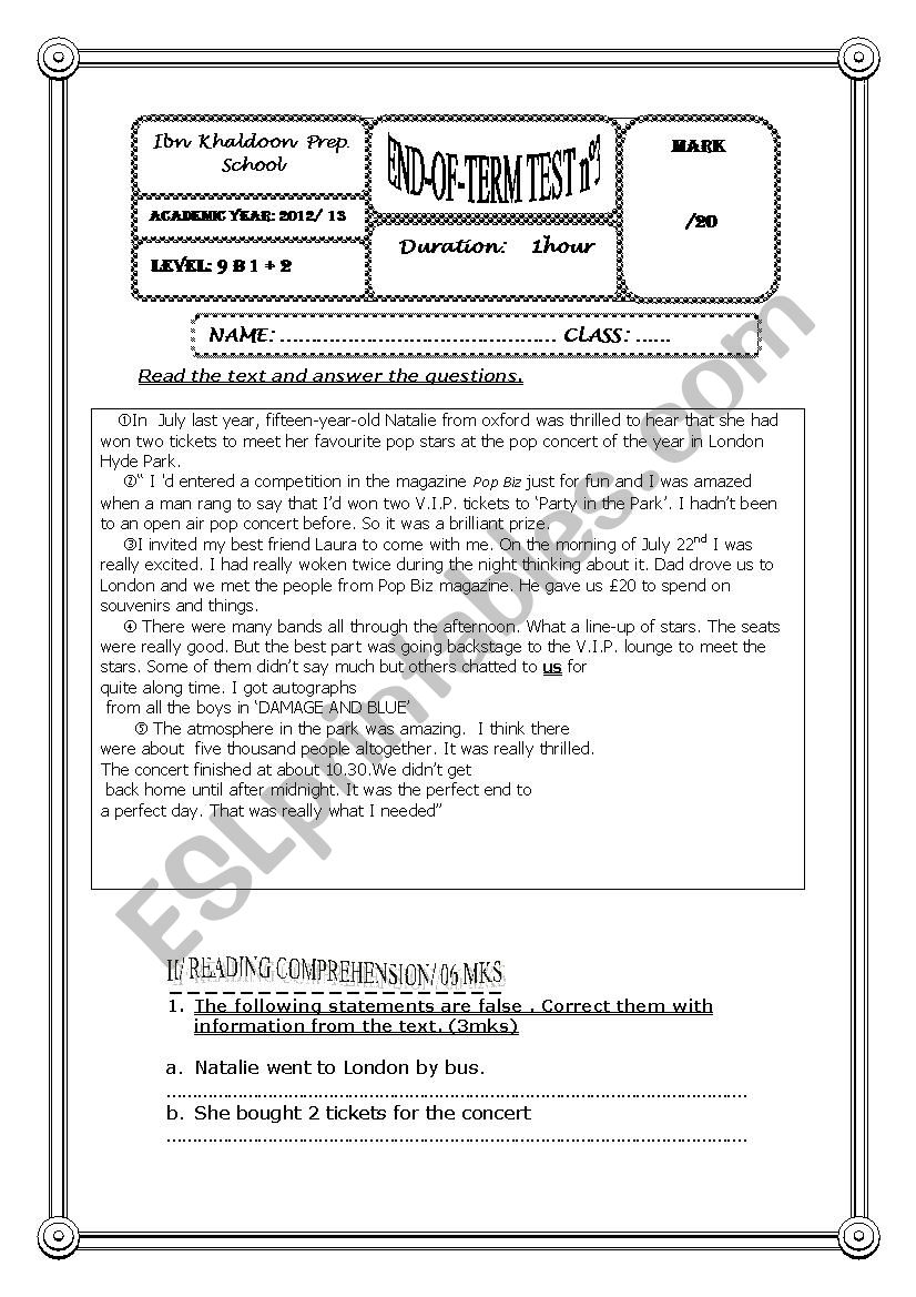 End-of-term test 3  9th form  Tunisian sts