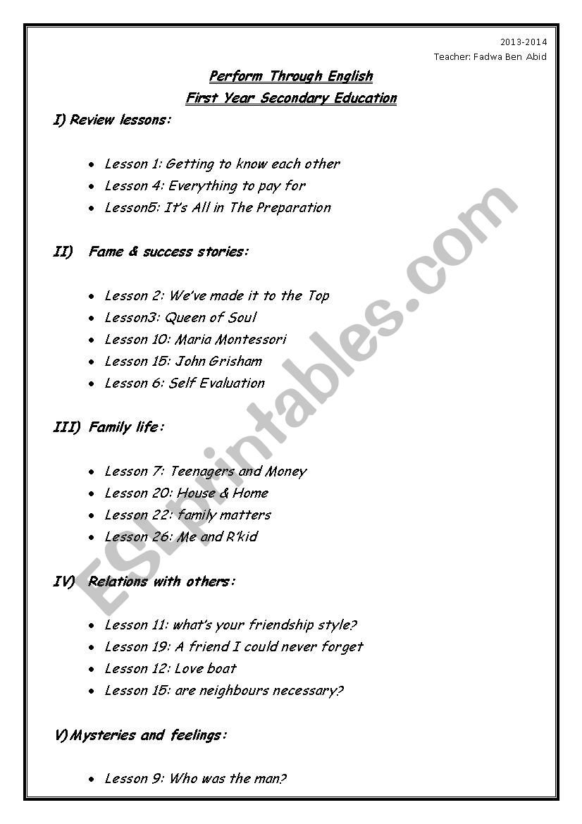 Perform through English worksheet