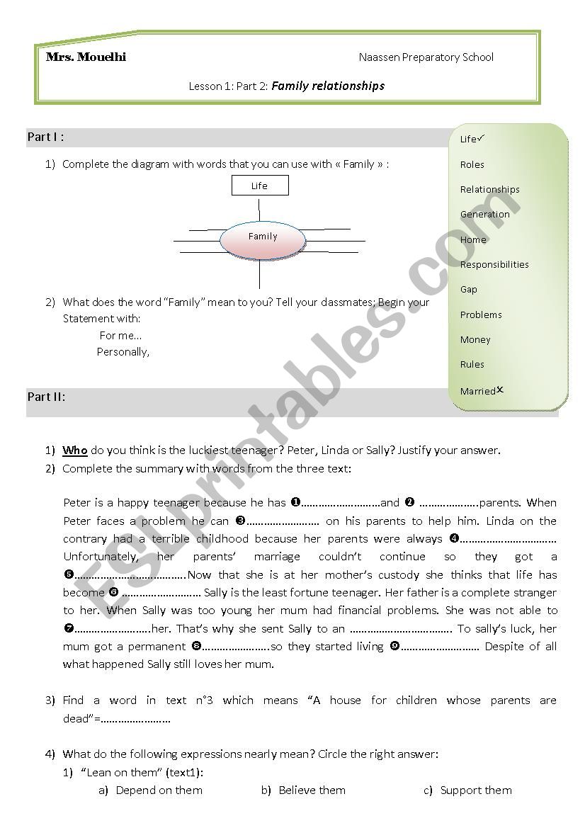 Family relationships part 2 worksheet