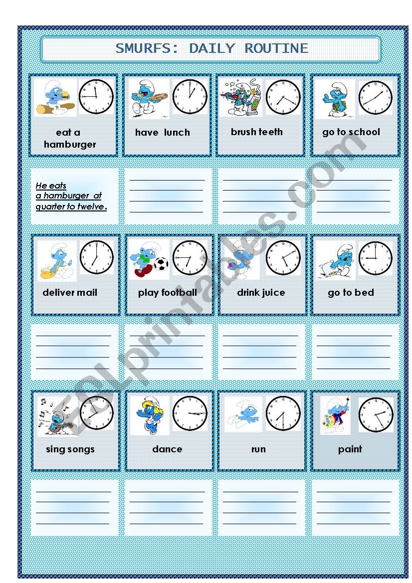 daily routine with smurfs worksheet