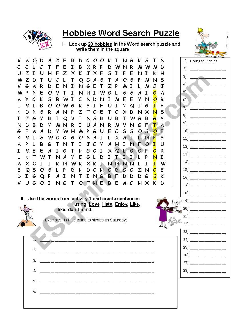 Hobbies word Search Puzzle worksheet