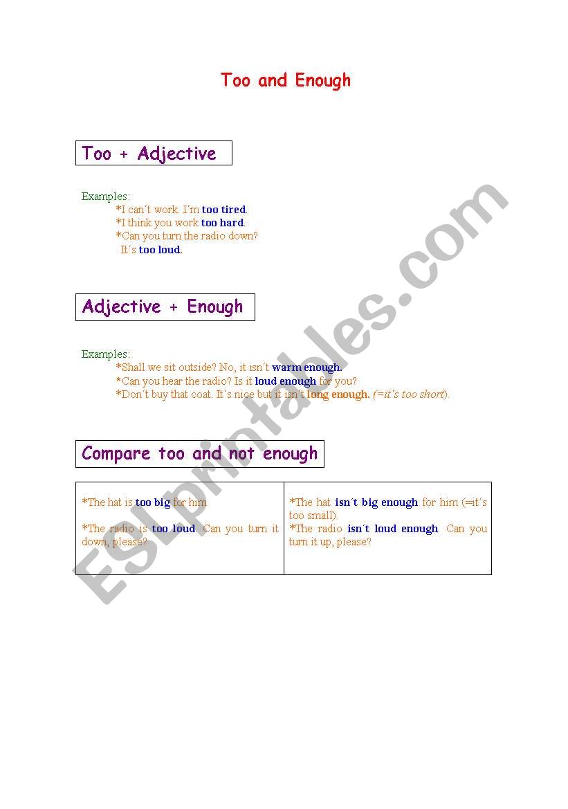 TOO AND ENOUGH worksheet