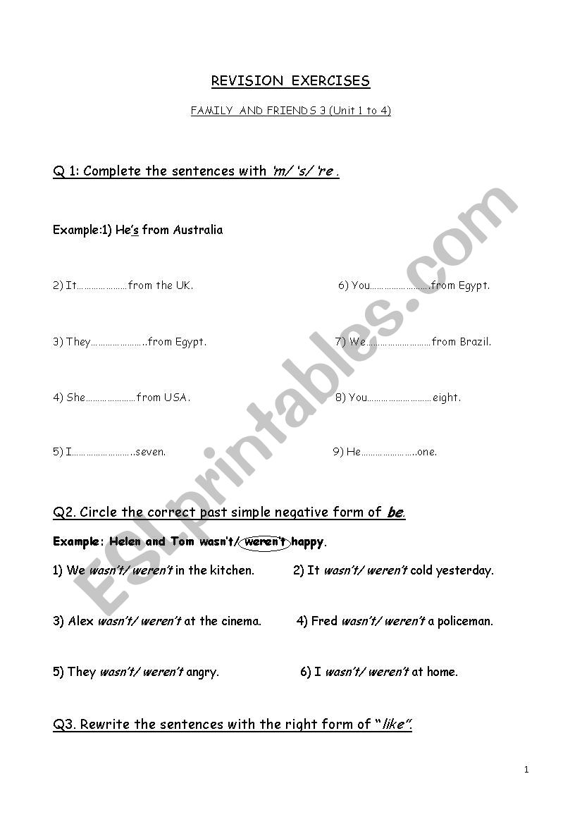 Revision for tests worksheet