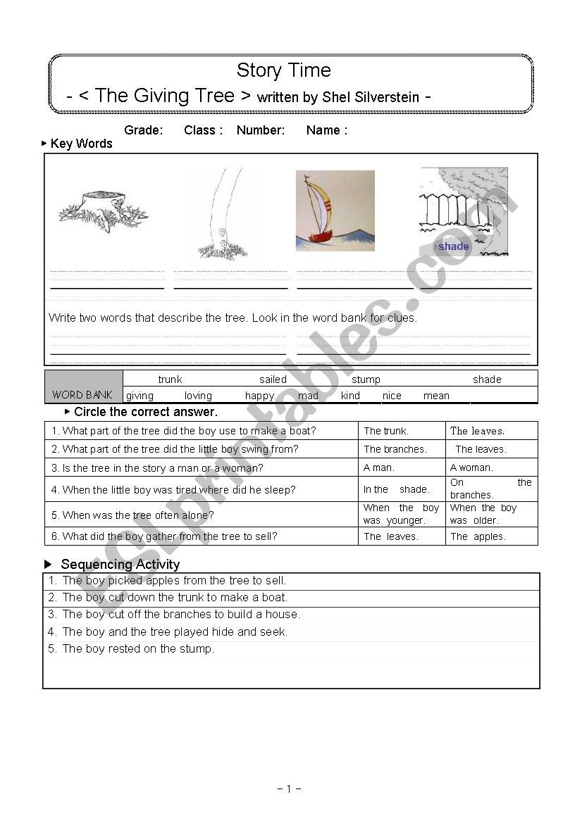 The Giving Tree worksheet