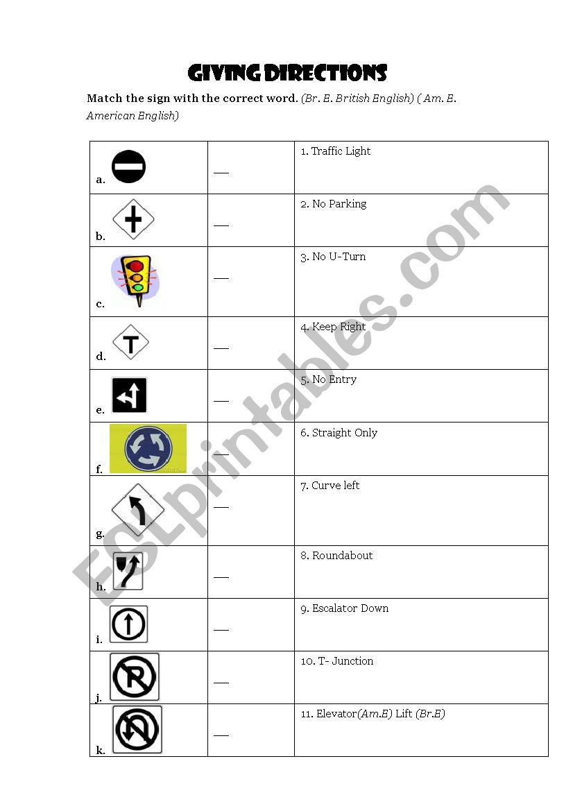 GIVING DIRECTIONS worksheet