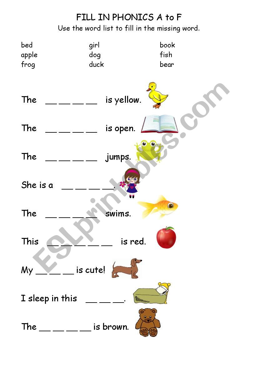 Phonics Word Fill In - Letters A-G