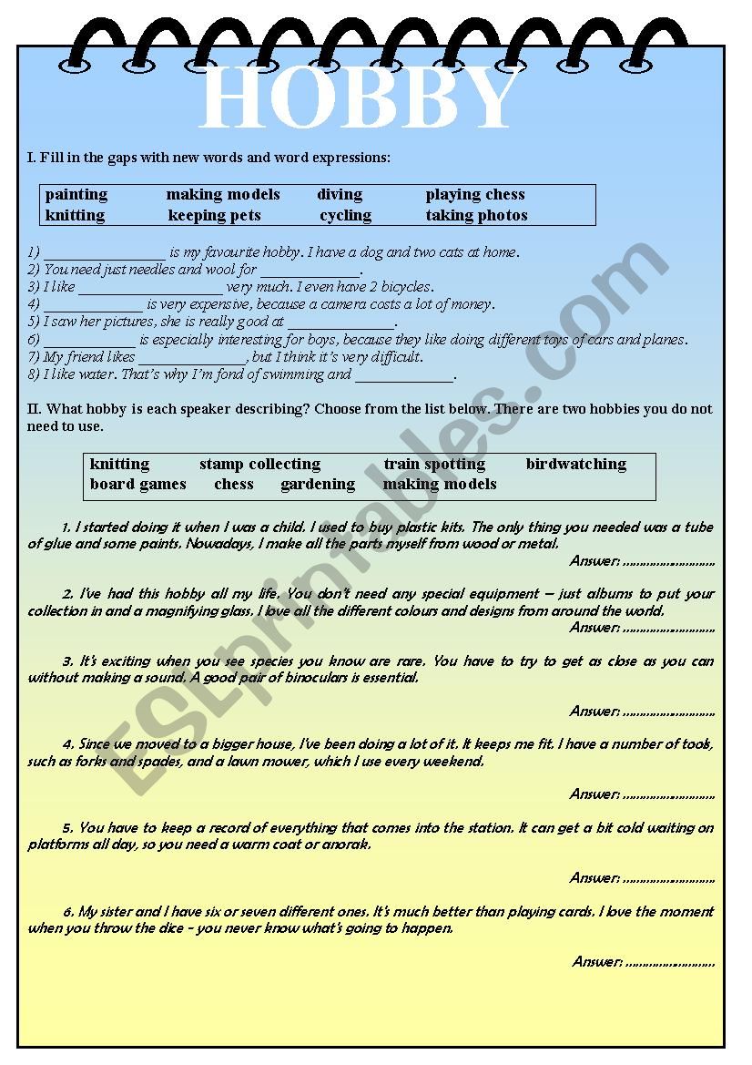 Hobby worksheet