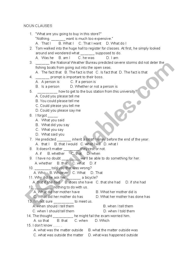 NOUN CLAUSE worksheet