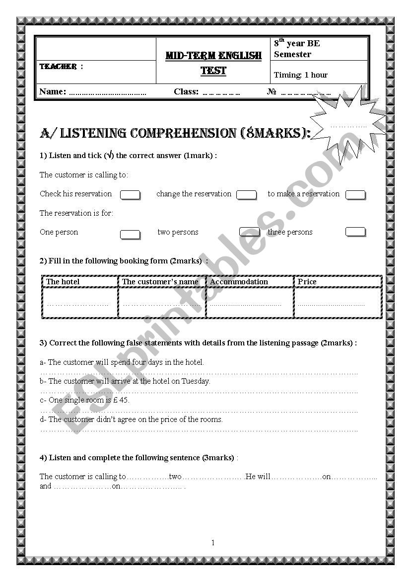 test for 8 th level  worksheet