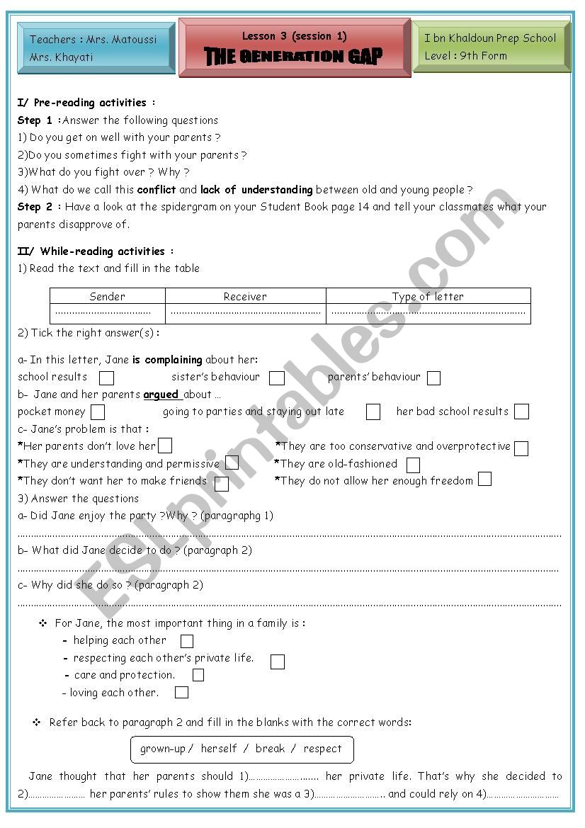 The generation gap worksheet