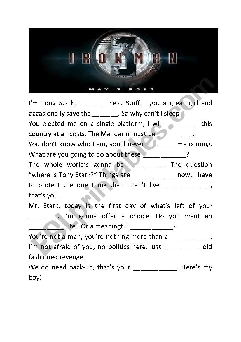 Iron man 3 gap fill worksheet