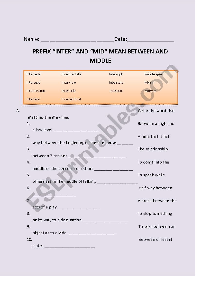 Prefix inter and mid worksheet