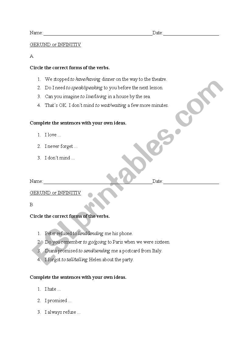 Gerunds vs. Infinitives worksheet