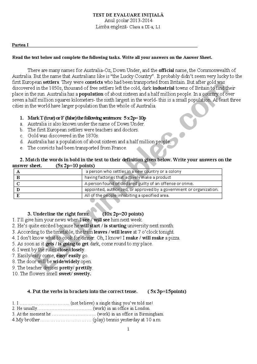 Initial test worksheet