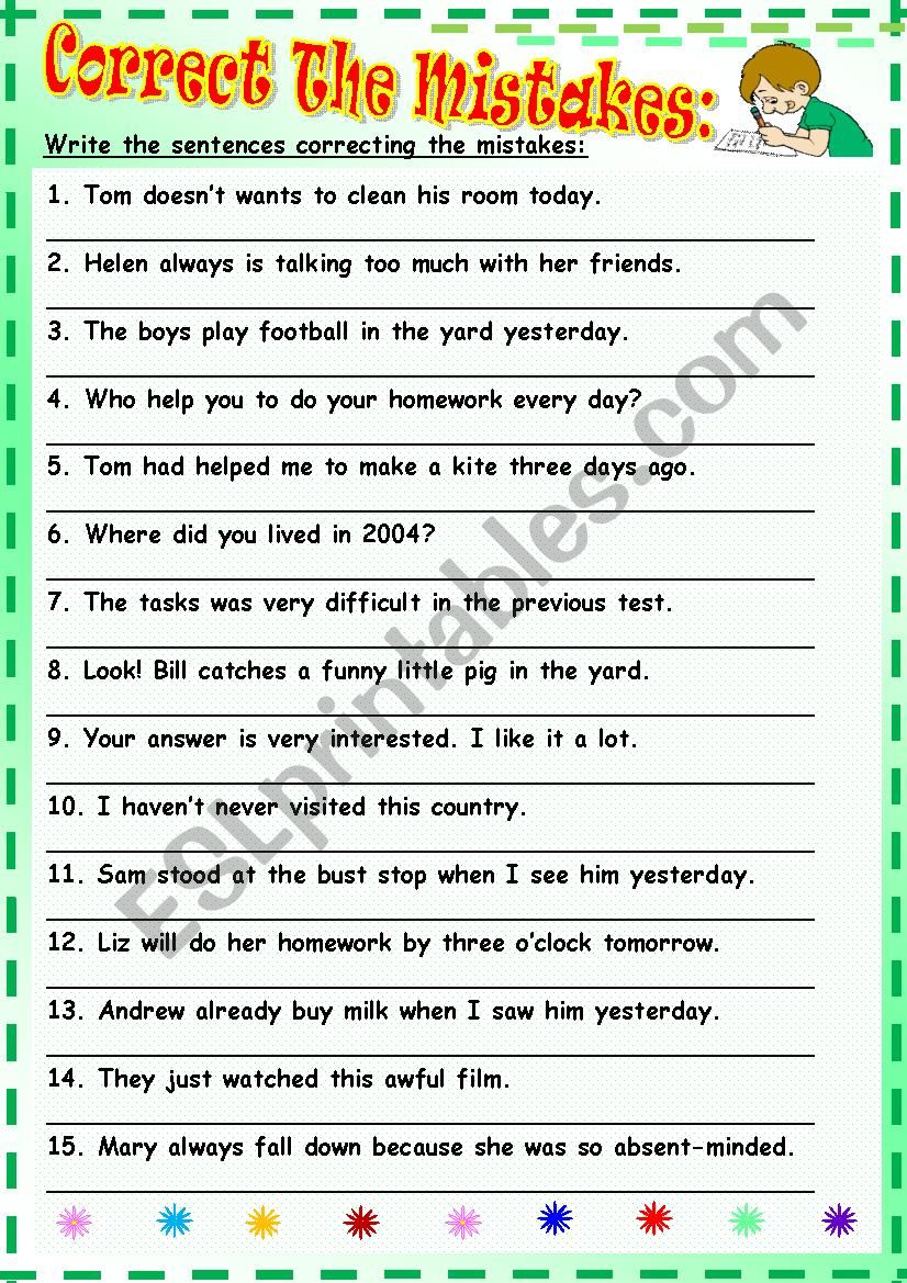 Correct Mistakes In Sentences Worksheet