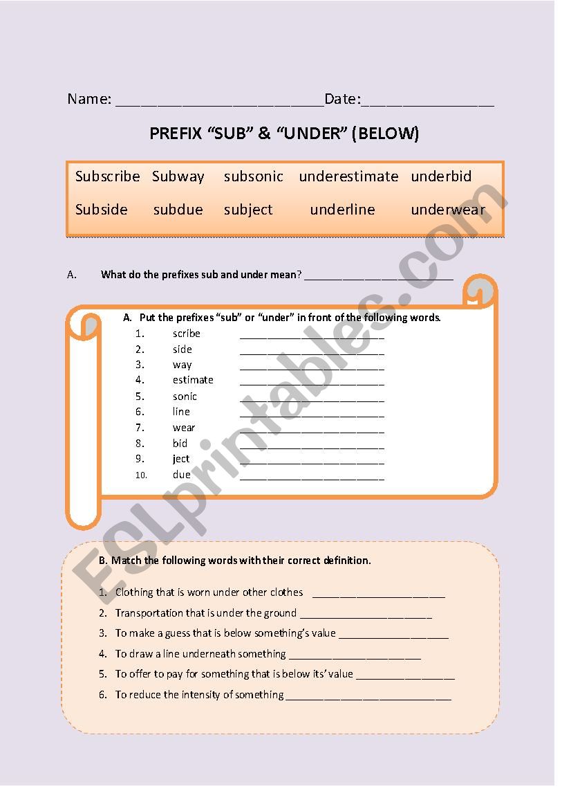Prefixes sub and under worksheet