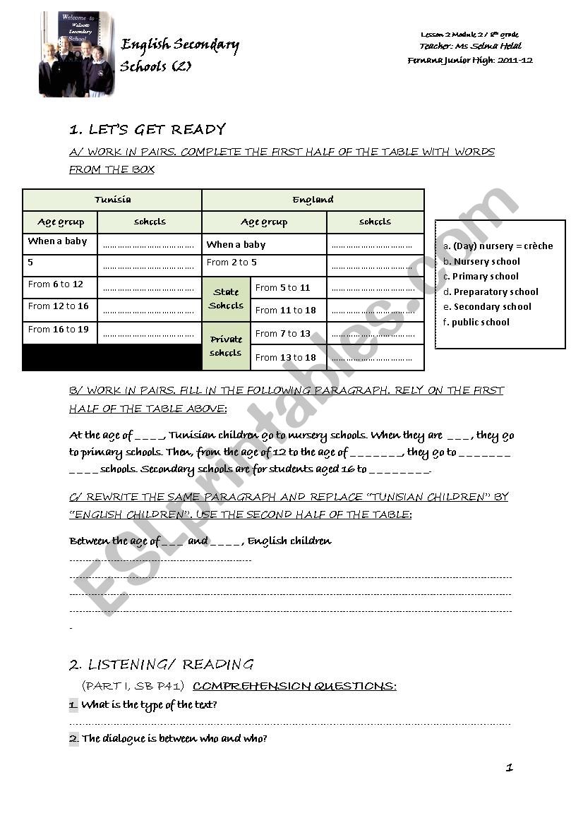 English Secondary Education worksheet