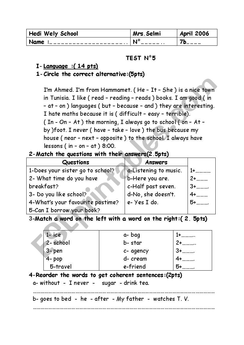 7th form test worksheet