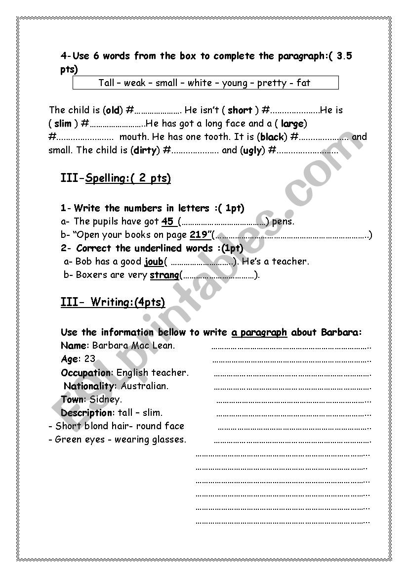 7th form test n 2 worksheet