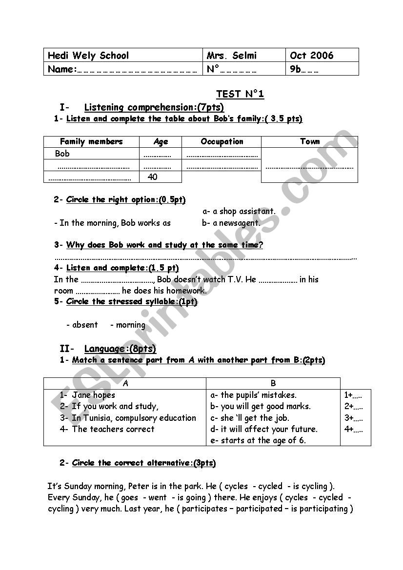 9th form test worksheet