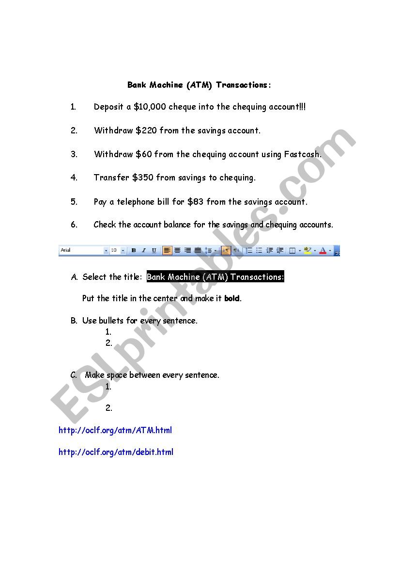 Banking with MS Word worksheet