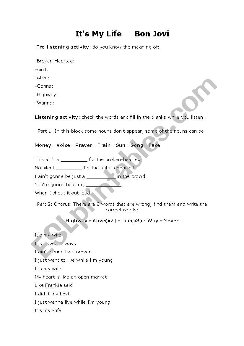 Bon Jovi listening excercise  worksheet