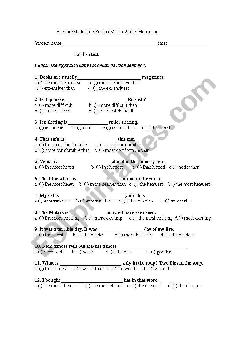 comparative and superlative worksheet