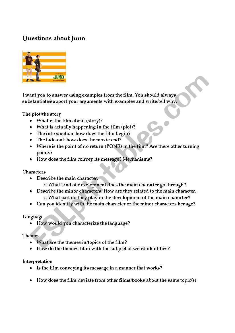 movie questions to juno worksheet