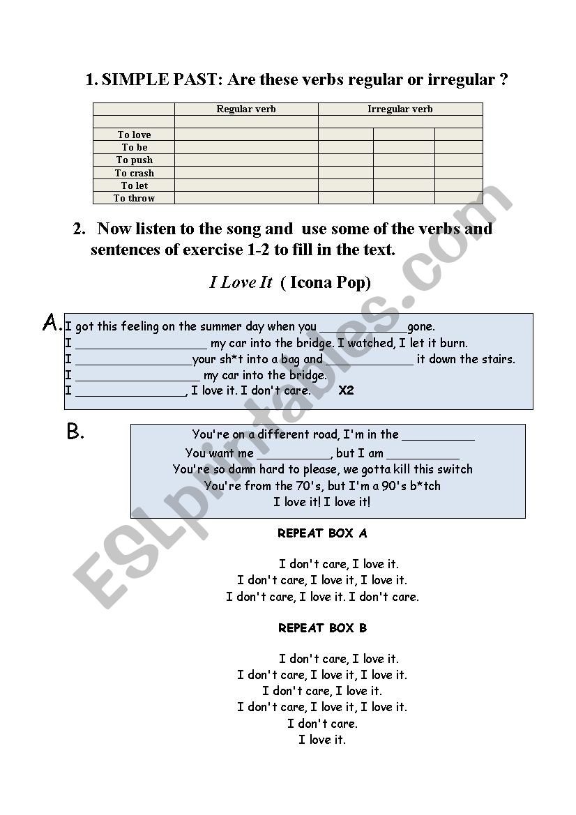 I love it icona pop II part worksheet