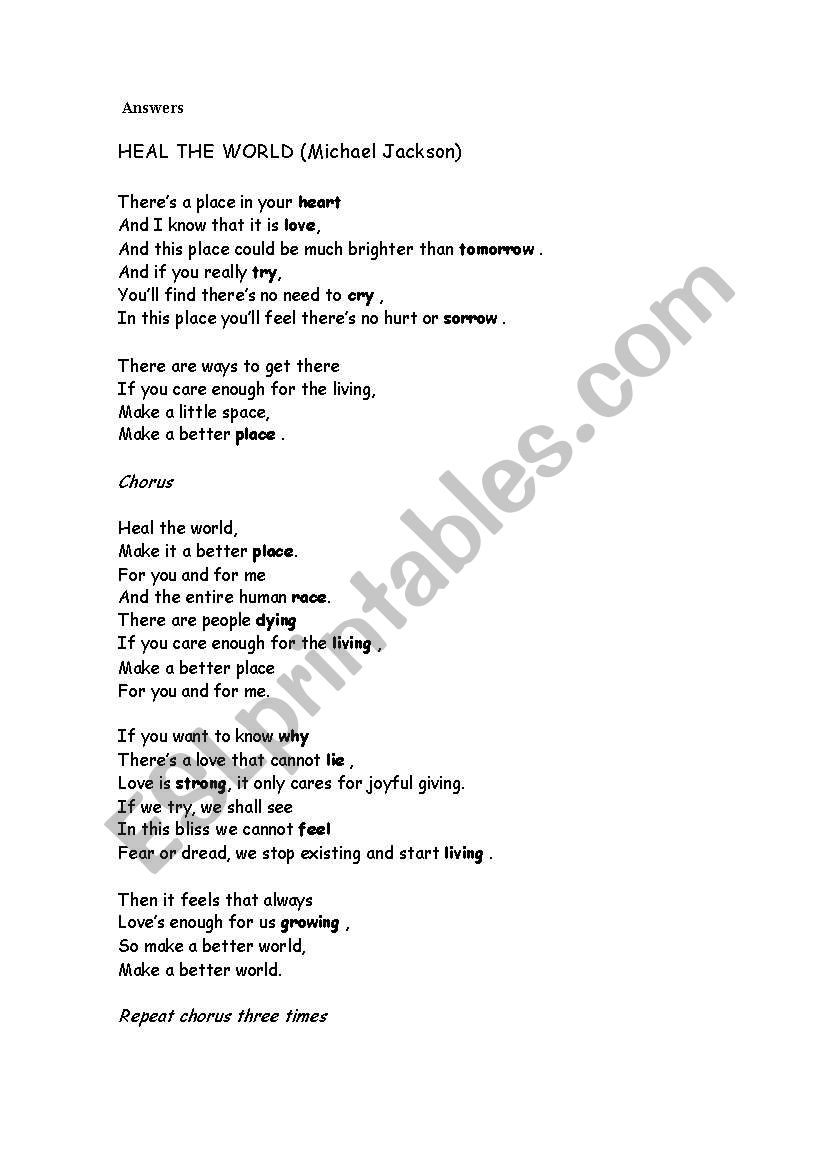 Heal The World By Michael Jackson Esl Worksheet By Mmelich2
