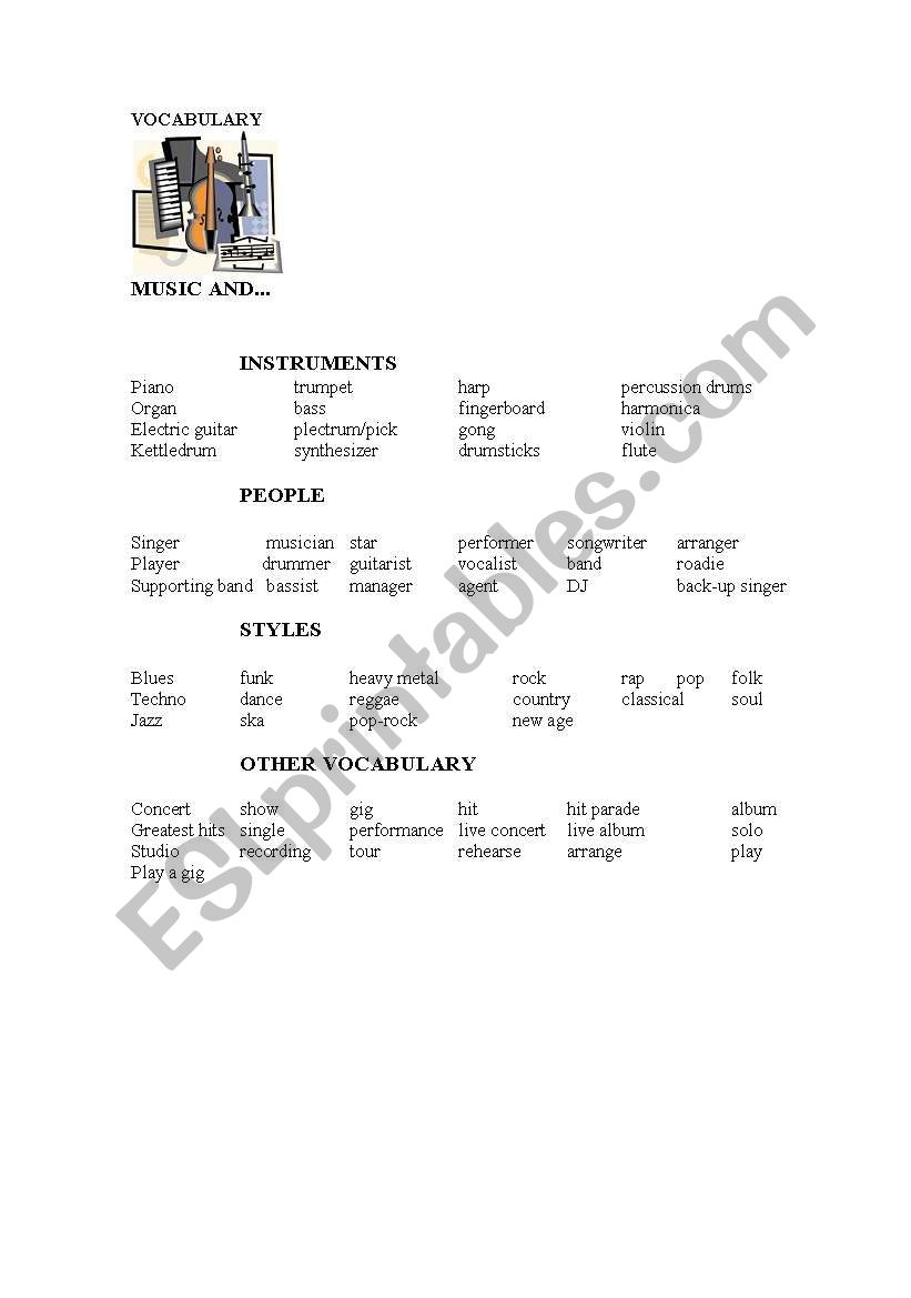 Music vocabulary worksheet