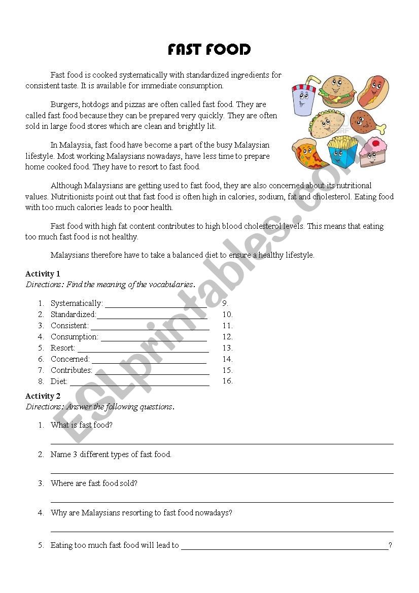 Fast Food Article worksheet