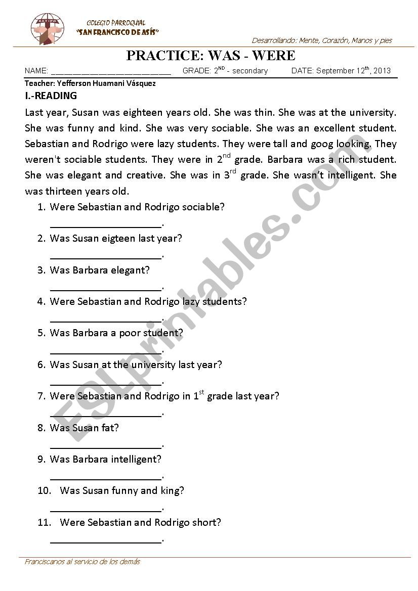 simple past: was - were II worksheet