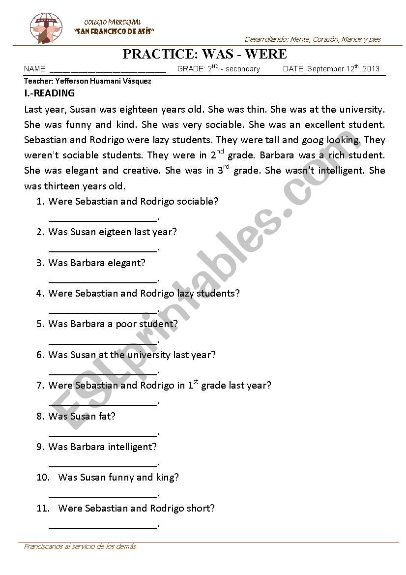 simple past: was - were II worksheet