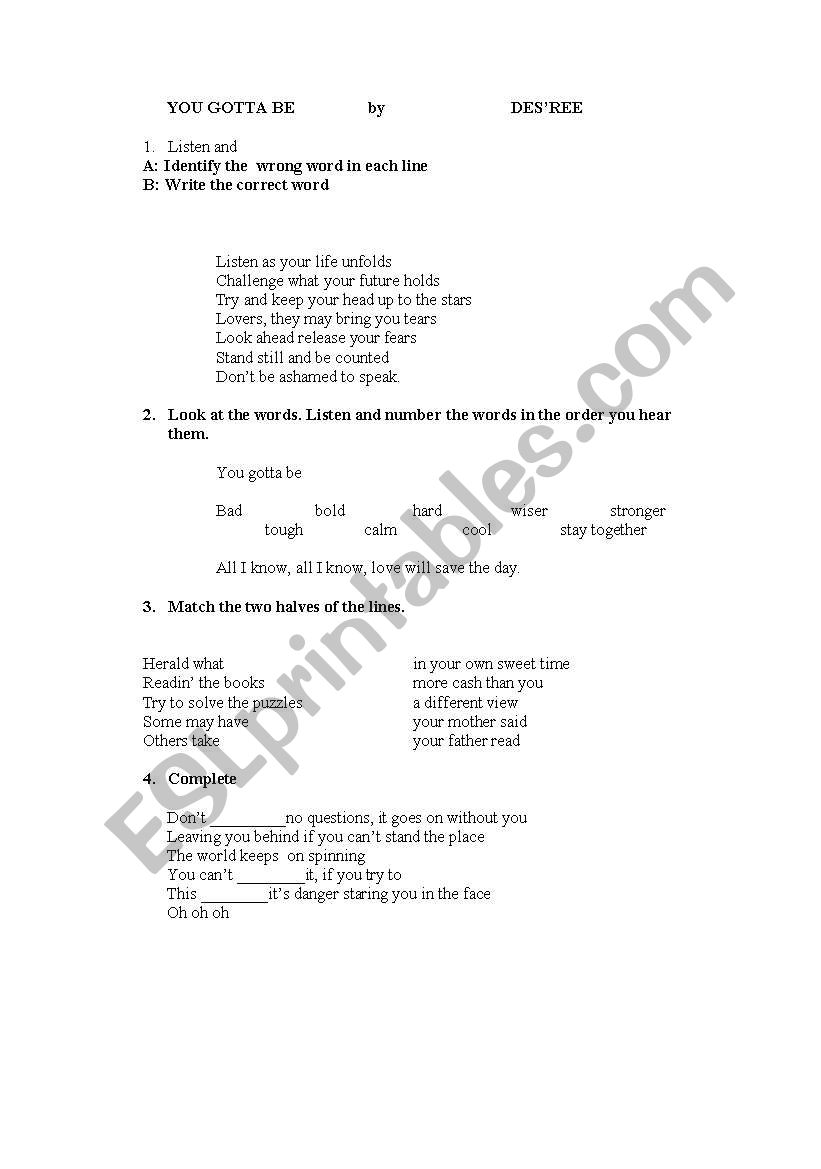 You gotta be by Desree worksheet