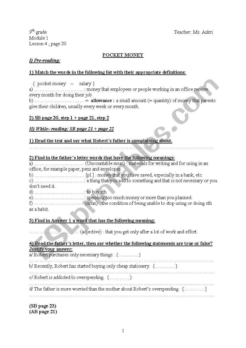 Pocket Money ( module 1, lesson 4) (9th gr)