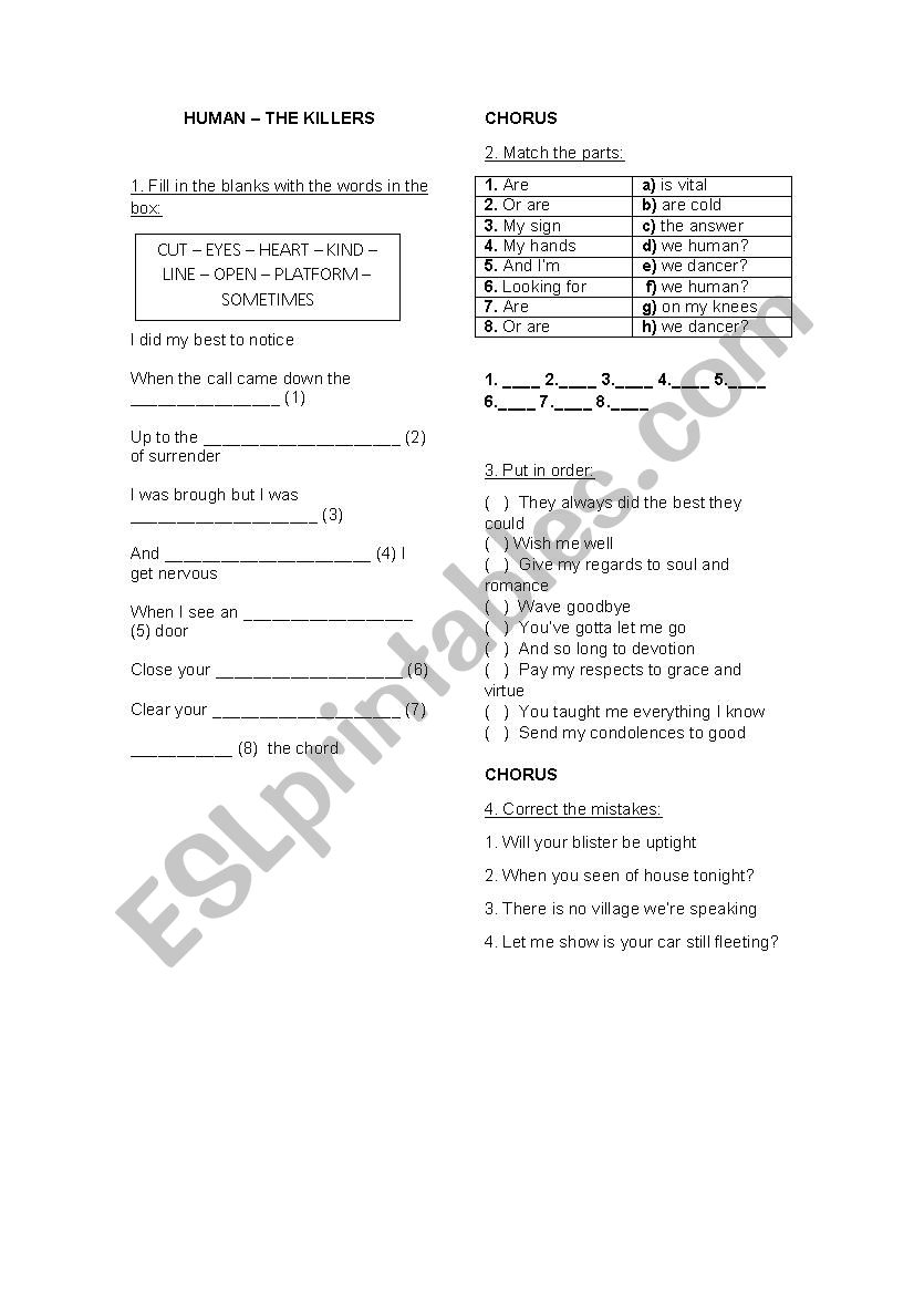 Human - The Killers worksheet worksheet