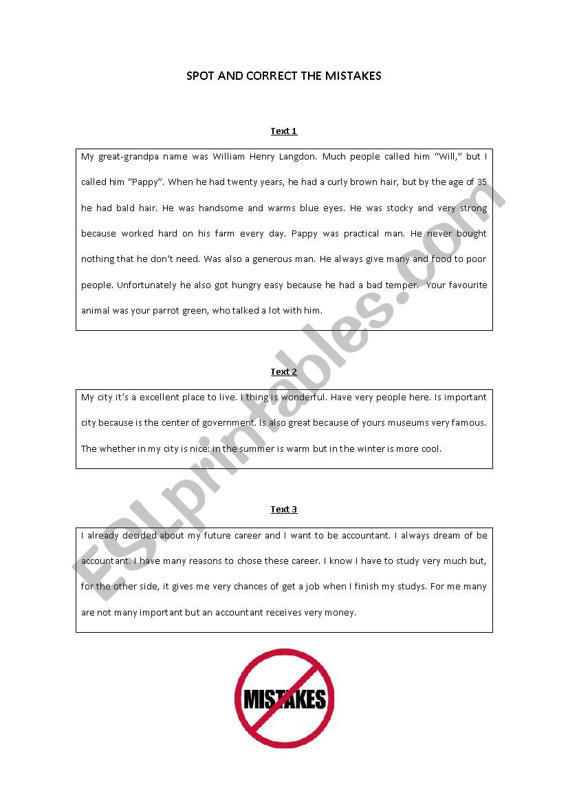 Spot and correct the mistakes worksheet
