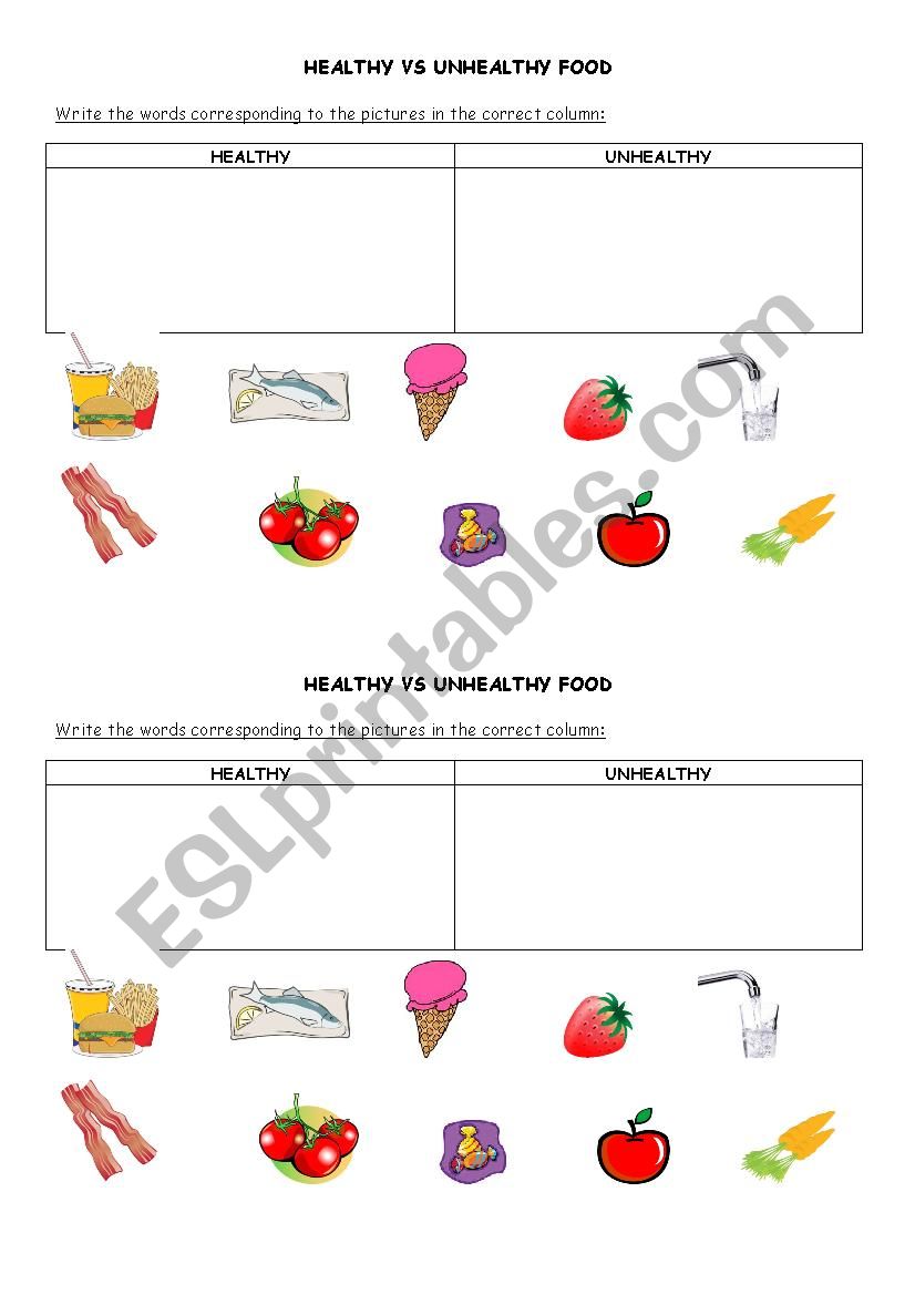 Healthy and unhealthy food worksheet