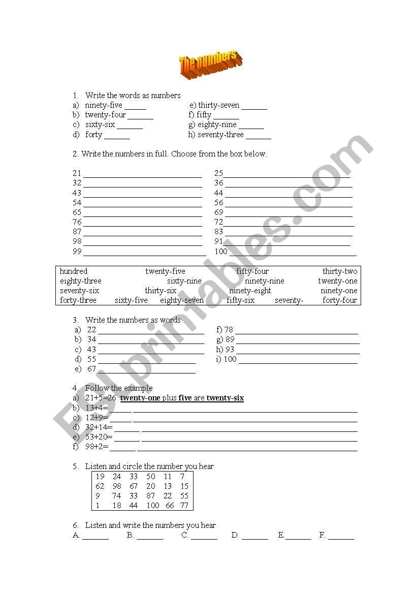 The numbers worksheet