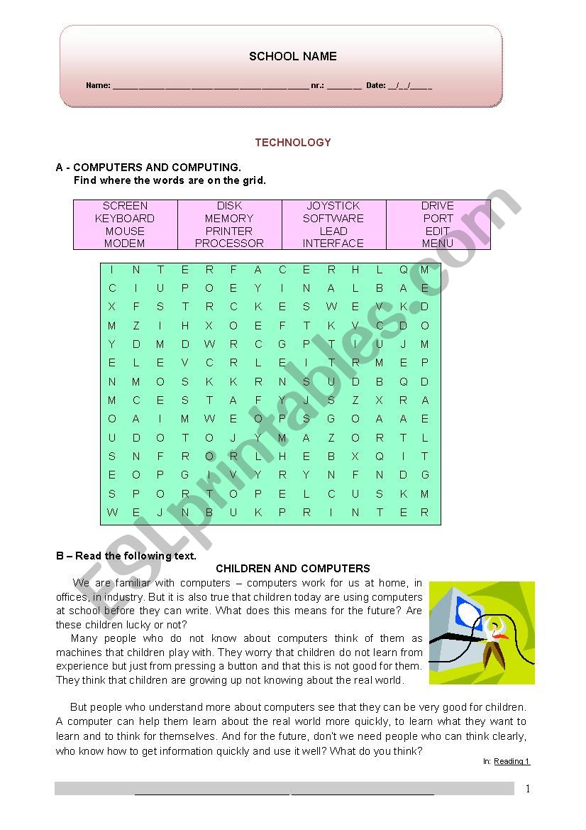 Simple Test on Technology worksheet