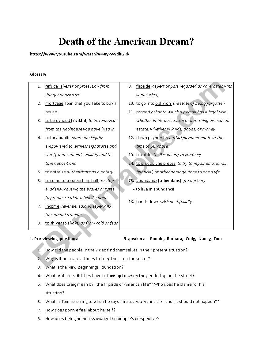 Death of the American Dream?  worksheet