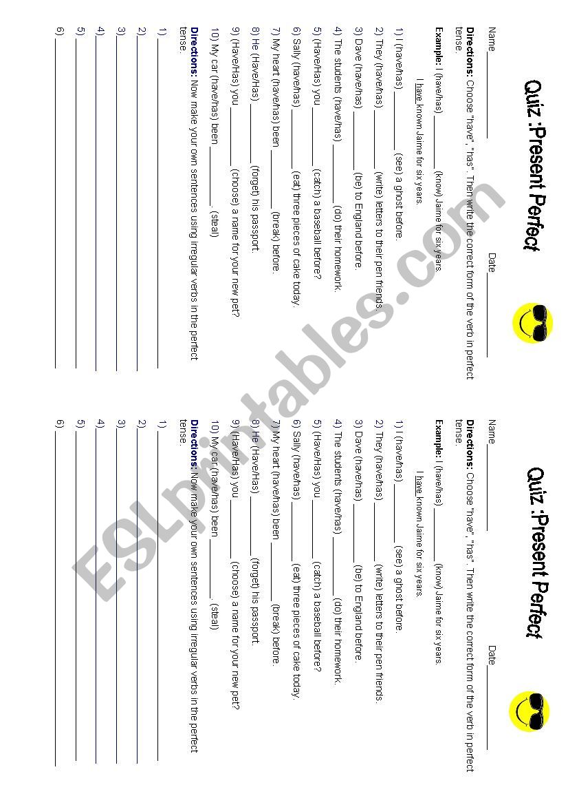 quiz present perfect worksheet