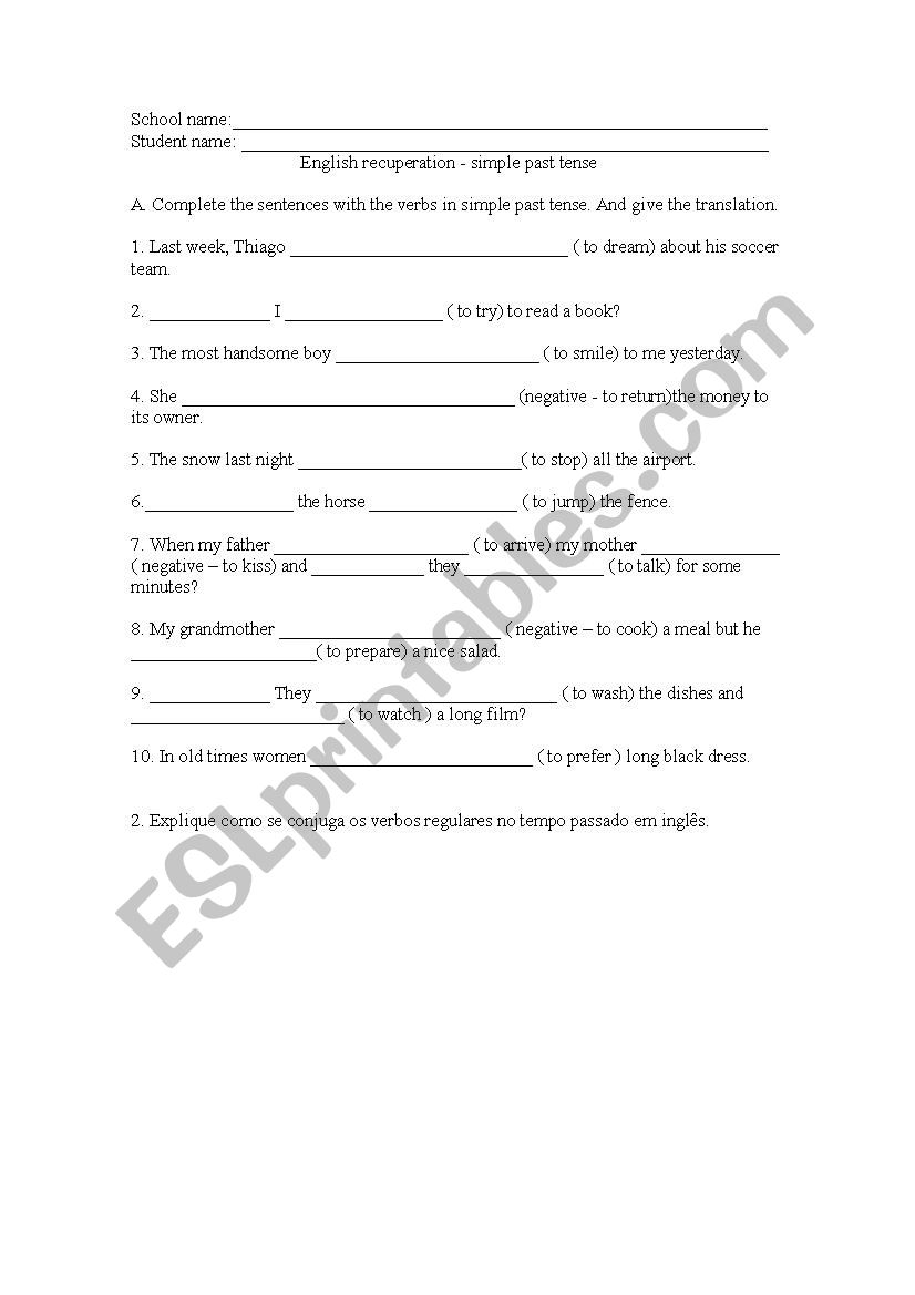 past tense - verbs worksheet