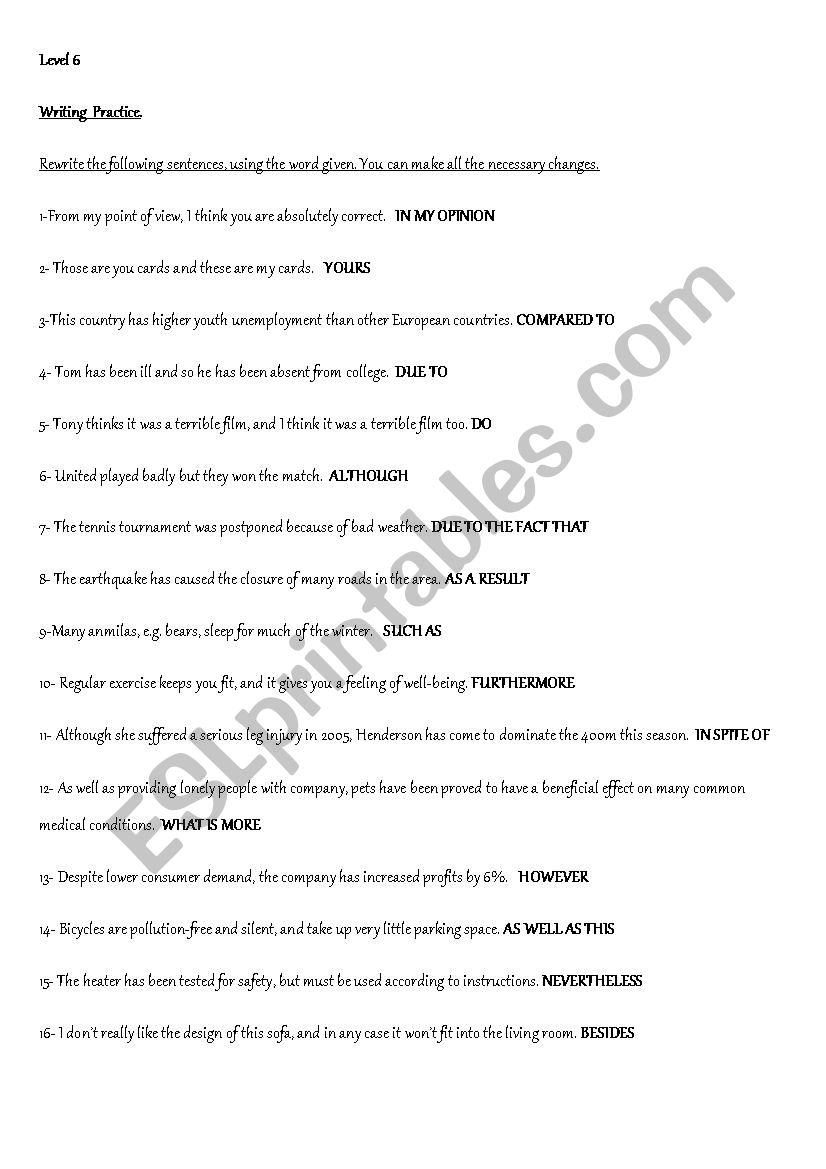 Sentence transformations worksheet